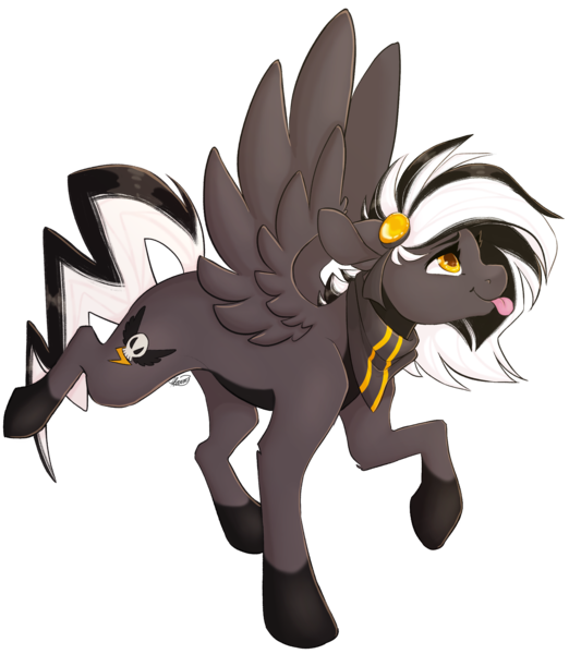 Size: 2000x2300 | Tagged: safe, artist:mxiiisy, derpibooru import, oc, oc:zephyrai, unofficial characters only, pegasus, pony, :p, accessories, bandana, black and white mane, cutie mark, full body, gray coat, hair accessory, hairpin, image, looking up, png, raised leg, side view, skull, solo, spread wings, thunderbolt, tongue out, wings, yellow eyes