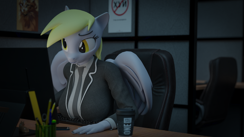 Size: 3840x2160 | Tagged: safe, artist:arcanetesla, derpibooru import, derpy hooves, anthro, pegasus, 3d, big breasts, blender, breasts, busty derpy hooves, image, office, png, solo