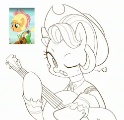 Size: 2700x2600 | Tagged: safe, artist:maren, derpibooru import, applejack, earth pony, pony, 2018, acoustic guitar, apple chord, bust, clothes, costume, doodle, female, guitar, heart, high res, image, jpeg, mare, musical instrument, old art, one eye closed, solo