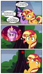 Size: 1680x2860 | Tagged: safe, artist:roseluck, derpibooru import, princess cadance, sunset shimmer, twilight sparkle, twilight sparkle (alicorn), alicorn, pony, unicorn, simple ways, 3 panel comic, blushing, bush, comic, dialogue, evil cadance, evil grin, faint, female, fire, floppy ears, folded wings, grin, heart, high res, hooves to the chest, horn, image, imagine spot, inkscape, jewelry, lesbian, lip bite, looking at each other, looking at someone, looking at you, mare, open mouth, open smile, outdoors, png, shipping, show accurate, smiling, smiling at each other, smiling at you, speech bubble, sunsetdance, tail, thought bubble, tiara, tree, trio, trio female, vector, walking, wall of tags, wings