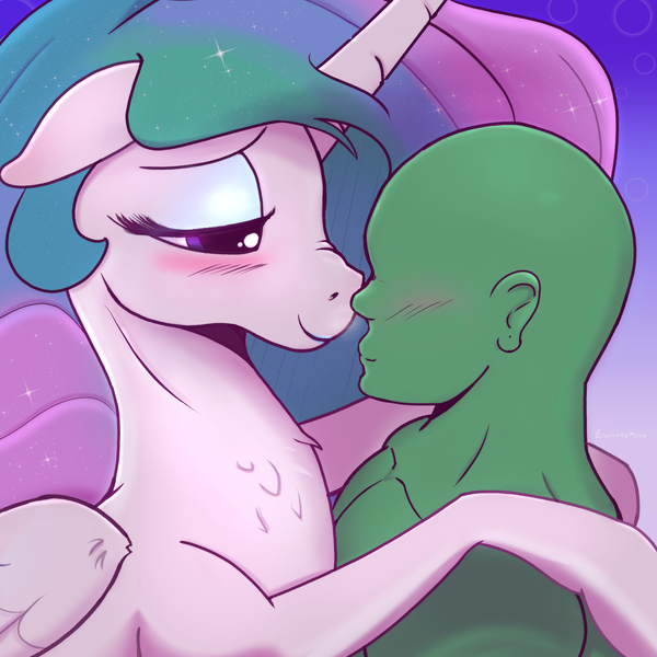 Size: 3000x3000 | Tagged: safe, artist:enonnnymous, derpibooru import, princess celestia, oc, oc:anon, alicorn, human, bedroom eyes, blue eyeshadow, blushing, boop, chest fluff, cute, cutelestia, ear blush, eyeshadow, floppy ears, hug, image, lipstick, looking at each other, looking at someone, love, makeup, nose wrinkle, noseboop, png, romantic, sharing breath