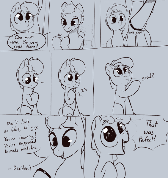 Size: 1600x1700 | Tagged: safe, artist:storyteller, derpibooru import, oc, oc:omelette, earth pony, pony, colt, comic, cute, female, foal, grayscale, hoof polish, image, male, mare, monochrome, png, sign language, sketch, smiling