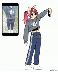 Size: 2480x3071 | Tagged: safe, artist:katputze, derpibooru import, oc, oc:crimson sunset, anthro, plantigrade anthro, unicorn, belly button, clothes, female, hoodie, image, jpeg, midriff, mobile phone, phone, ponytail, selfie, signature, simple background, smartphone, white background