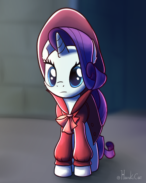 Size: 1747x2184 | Tagged: safe, artist:harukiicat, derpibooru import, rarity, pony, unicorn, sparkle's seven, clothes, concerned, cute, detective rarity, hat, image, png, raribetes, signature, simple background, solo