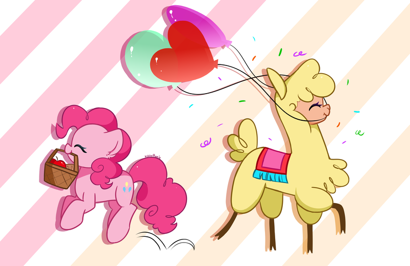 Size: 6464x4200 | Tagged: safe, artist:kittyrosie, derpibooru import, pinkie pie, alpaca, earth pony, pony, them's fightin' herds, accessory swap, apple, balloon, cloven hooves, commission, community related, cute, diapinkes, duo, eyes closed, female, food, image, jumping, mare, mouth hold, paprika (tfh), paprikadorable, picnic blanket, png, shopping, streamers