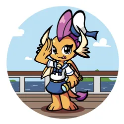 Size: 2520x2513 | Tagged: safe, artist:derp pone, derpibooru import, smolder, dragon, chibi, clothes, cute, image, looking at you, ocean, png, sailor uniform, skirt, solo, standing, telescope, uniform, water