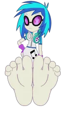 Size: 2700x5000 | Tagged: safe, artist:sugar-loop, derpibooru import, vinyl scratch, equestria girls, music to my ears, rainbow rocks, .ai available, .svg available, absurd resolution, adobe illustrator, background human, barefoot, base, base used, clothes, feet, female, fetish, foot fetish, foot focus, hand on hip, headphones, image, png, simple background, soles, solo, sunglasses, toes, transparent background, vector
