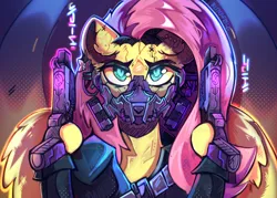 Size: 2100x1500 | Tagged: safe, artist:freak-side, derpibooru import, fluttershy, pegasus, pony, cyberpunk, image, png, respirator, solo, weapon