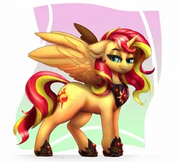 Size: 1000x913 | Tagged: safe, artist:inkypuso, derpibooru import, sunset shimmer, alicorn, pony, alicornified, commission, female, image, jpeg, lidded eyes, mare, peytral, race swap, shimmercorn, solo