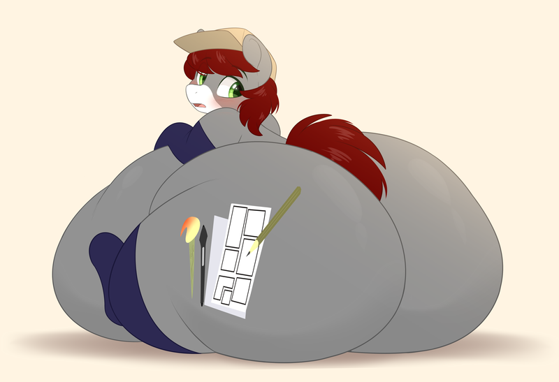 Size: 3672x2513 | Tagged: suggestive, artist:montsundere, derpibooru import, oc, oc:khaki-cap, unofficial characters only, earth pony, pony, belly, big belly, blushing, butt, cap, clothes, commission, cutie mark, earth pony oc, embarrassed, fat, hat, huge belly, huge butt, image, impossibly large belly, impossibly large butt, large butt, looking back, male, plot, png, rear view, sitting, socks, stallion, wide hips, ych result