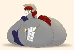 Size: 3672x2513 | Tagged: suggestive, artist:montsundere, derpibooru import, oc, oc:khaki-cap, unofficial characters only, earth pony, pony, belly, big belly, blushing, butt, cap, clothes, commission, cutie mark, earth pony oc, embarrassed, fat, hat, huge belly, huge butt, image, impossibly large belly, impossibly large butt, large butt, looking back, male, plot, png, rear view, sitting, socks, stallion, wide hips, ych result