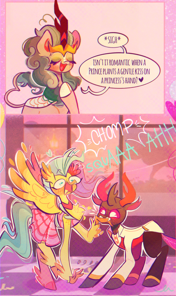 Size: 1336x2248 | Tagged: safe, artist:sockiepuppetry, derpibooru import, pharynx, princess skystar, rain shine, changedling, changeling, classical hippogriff, hippogriff, kirin, my little pony: the movie, biting, blushing, bowtie, choker, clothes, comic, dress, eyes closed, fangs, female, image, male, open mouth, pain, pants, png, prince pharynx, raised hoof, screaming, shirt, suit, trio, tuxedo