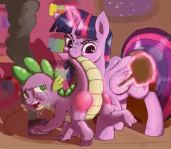 Size: 3000x2600 | Tagged: safe, artist:crade, derpibooru import, spike, twilight sparkle, alicorn, dragon, pony, angry, baby, baby dragon, book, burned, crying, discipline, female, image, jpeg, levitation, library, magic, mare, mouth hold, paddle, prehensile tail, spanking, tail, tail hold, tears of pain, telekinesis