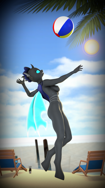 Size: 2160x3840 | Tagged: questionable, artist:jeff556, derpibooru import, anthro, changeling, art pack:pin-up paradise 2022, 3d, beach, beach ball, beach chair, chair, female, image, png, solo, solo female, source filmmaker