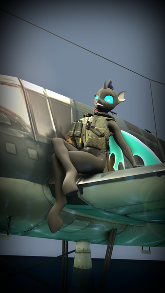 Size: 2160x3840 | Tagged: questionable, artist:jeff556, derpibooru import, anthro, changeling, art pack:pin-up paradise 2022, 3d, aircraft, clothes, female, image, ocean, plane, png, sea plane, solo, solo female, source filmmaker, water