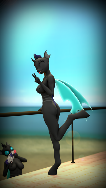 Size: 2160x3840 | Tagged: questionable, artist:jeff556, derpibooru import, anthro, changeling, art pack:pin-up paradise 2022, 3d, beach, duo, duo female, female, image, png, pose, posing for photo, solo, solo female, source filmmaker, super soaker, watergun