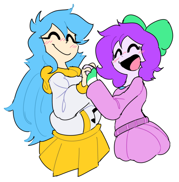 Size: 2147x2180 | Tagged: safe, artist:doodlegamertj, derpibooru import, oc, oc:mable syrup, oc:musicallie, unofficial characters only, equestria girls, blue hair, bow, clothes, deaf, dress, female, hair bow, happy, hoodie, image, lesbian, music notes, png, pride, purple hair, simple background, skirt, smiling, sticker, transparent background