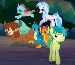 Size: 892x773 | Tagged: safe, derpibooru import, screencap, gallus, ocellus, sandbar, silverstream, smolder, yona, changedling, changeling, classical hippogriff, dragon, earth pony, gryphon, hippogriff, pony, yak, uprooted, bow, cloven hooves, cropped, dragoness, female, flying, hair bow, image, jewelry, lidded eyes, male, monkey swings, necklace, png, student six