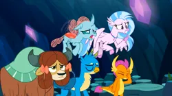 Size: 1600x897 | Tagged: safe, derpibooru import, screencap, gallus, ocellus, silverstream, smolder, yona, changedling, changeling, classical hippogriff, dragon, gryphon, hippogriff, yak, uprooted, bow, colored hooves, dragoness, eyes closed, facepalm, female, flying, hair bow, image, jewelry, male, monkey swings, necklace, png