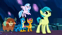 Size: 1600x898 | Tagged: safe, derpibooru import, screencap, gallus, sandbar, silverstream, smolder, yona, classical hippogriff, dragon, earth pony, gryphon, hippogriff, pony, yak, uprooted, bow, cloven hooves, colored hooves, cute, dragoness, female, hair bow, image, jewelry, looking up, male, monkey swings, necklace, png, sandabetes