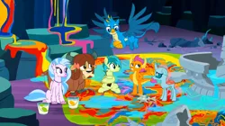 Size: 1600x898 | Tagged: safe, derpibooru import, screencap, gallus, ocellus, sandbar, silverstream, smolder, yona, changedling, changeling, classical hippogriff, dragon, earth pony, gryphon, hippogriff, pony, yak, uprooted, bow, cloven hooves, colored hooves, dragoness, female, hair bow, hand on hip, image, jewelry, male, monkey swings, mouth hold, necklace, paint, png, sapling, student six
