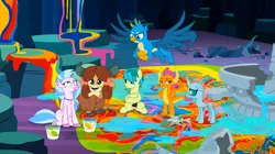 Size: 1600x898 | Tagged: safe, derpibooru import, screencap, gallus, ocellus, sandbar, silverstream, smolder, yona, changedling, changeling, classical hippogriff, dragon, earth pony, gryphon, hippogriff, pony, yak, uprooted, bow, cloven hooves, colored hooves, crossed arms, dragoness, female, frown, hair bow, hand on hip, image, looking up, male, monkey swings, mouth hold, png, sapling, student six