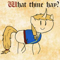Size: 512x512 | Tagged: safe, derpibooru import, oc, oc:regal inkwell, bayeux tapestry, clothes, grammar error, image, medieval, nobility, png, solo, stick pony, stylistic suck, what the hay?, ye olde butcherede englishe, ye olde english