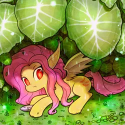 Size: 3541x3541 | Tagged: safe, artist:sigpi, derpibooru import, fluttershy, bat pony, fish, absurd file size, bat ponified, flutterbat, image, png, race swap, rain, red eyes, x eyes