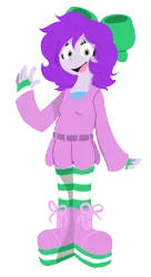 Size: 1280x2356 | Tagged: safe, artist:doodlegamertj, derpibooru import, oc, oc:mable syrup, unofficial characters only, equestria girls, boots, bow, clothes, deaf, dress, gray eyes, gregory horror show, hair bow, happy, image, platform boots, png, purple hair, shoes, simple background, socks, solo, striped socks, transparent background, waving