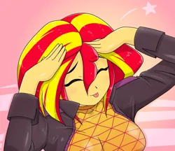 Size: 1480x1280 | Tagged: safe, artist:batipin, derpibooru import, sunset shimmer, equestria girls, :p, anime, anime reference, breasts, cute, eyes closed, image, png, shimmerbetes, tongue out, you're under arrest