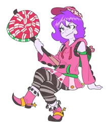 Size: 386x457 | Tagged: safe, artist:doodlegamertj, derpibooru import, oc, oc:mable syrup, unofficial characters only, equestria girls, candy, deaf, food, fortnite, gray eyes, image, png, purple hair, shoulderless, simple background, sitting, smug, solo, transparent background, zoey