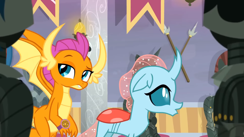 Size: 1600x898 | Tagged: safe, derpibooru import, screencap, ocellus, smolder, changedling, changeling, dragon, a matter of principals, dragoness, duo, female, image, looking at you, png, raised eyebrow, smolder is not amused, unamused