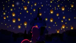 Size: 1280x720 | Tagged: safe, artist:zeka10000, derpibooru import, pinkie pie, oc, oc:yrbertthecat, earth pony, canon x oc, hug, image, lantern, looking up, lying down, night, night sky, paper lantern, png, ponyville, ponyville town hall, side, sitting, sky, stars, town hall, trade, tree, vector