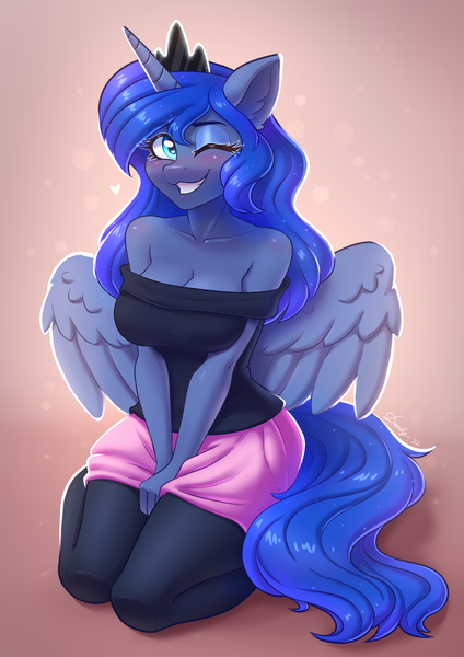 Size: 2480x3508 | Tagged: safe, artist:dandy, derpibooru import, princess luna, alicorn, anthro, adorasexy, arm boob squeeze, bare shoulders, big breasts, blushing, breasts, busty princess luna, cleavage, clothes, cute, ear fluff, eyelashes, eyeshadow, female, floating heart, grin, heart, heart eyes, high res, horn, image, kneeling, leggings, looking at you, lunabetes, makeup, off shoulder, one eye closed, png, redraw, sexy, skirt, smiling, smiling at you, socks, solo, stockings, strapless, thigh highs, thighs, tube top, wingding eyes, wings, wink, winking at you