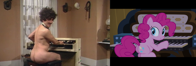 Size: 1573x531 | Tagged: questionable, derpibooru import, screencap, pinkie pie, earth pony, human, pony, castle mane-ia, butt, castle, comparison, female, image, indoors, insanity, inside, looking at you, looking back, mare, monty python, music, musical instrument, nude organist, nudity, organ, png, smiling, whip, wig, window