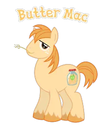 Size: 1212x1385 | Tagged: source needed, safe, anonymous artist, derpibooru import, oc, oc:butter mac, unofficial characters only, earth pony, pony, earth pony oc, freckles, image, implied incest, incest, male, name, offspring, parent:applejack, parent:big macintosh, parents:applemac, png, product of incest, simple background, solo, stallion, straw in mouth, text, transparent background, white background