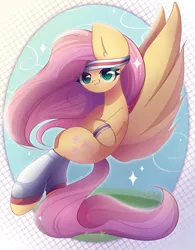 Size: 1950x2500 | Tagged: safe, artist:miryelis, derpibooru import, fluttershy, pegasus, pony, hurricane fluttershy, cute, cutie mark, female, flying, full body, image, long hair, looking at you, png, simple background, smiling, smiling at you, solo, sparkles, sporty style, wings