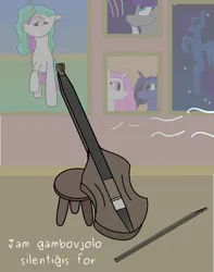 Size: 1572x2000 | Tagged: safe, artist:timcryt, derpibooru import, princess celestia, princess luna, star swirl the bearded, pony, butt, image, musical instrument, painting, plot, png, violin, young celestia