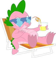 Size: 3387x3562 | Tagged: safe, artist:ponygamer2020, artist:porygon2z, derpibooru import, edit, spike, spike (g1), dragon, anniversary, beach chair, chair, chillaxing, drink, feet, g1, g1 to g4, g4, generation leap, glass, glasses, happy birthday mlp:fim, image, lounging, male, mlp fim's twelfth anniversary, png, recolor, simple background, solo, sunglasses, transparent background, underfoot, vector
