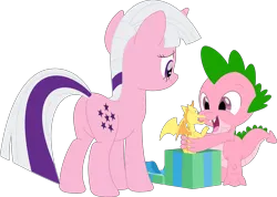 Size: 3563x2538 | Tagged: safe, artist:ponygamer2020, artist:porygon2z, derpibooru import, edit, spike, spike (g1), twilight (g1), twilight sparkle, dragon, pony, unicorn, mlp fim's twelfth anniversary, g1, anniversary, butt, duo, female, g1 to g4, g4, generation leap, happy, happy birthday mlp:fim, high res, image, male, open mouth, plot, png, present, recolor, simple background, smiling, solo, spikelove, toy, transparent background, twibutt, unicorn twilight, vector