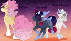 Size: 3827x2208 | Tagged: safe, artist:inisealga, derpibooru import, li'l cheese, oc, oc:cotton candy aster sparkle, oc:velvet nova pie, earth pony, pegasus, pony, unicorn, the last problem, abstract background, coat markings, horn, image, jpeg, magical lesbian spawn, markings, offspring, parent:cheese sandwich, parent:pinkie pie, parent:twilight sparkle, parents:cheesepie, parents:twinkie, pegasus oc, siblings, twins, unicorn oc, unshorn fetlocks, wings