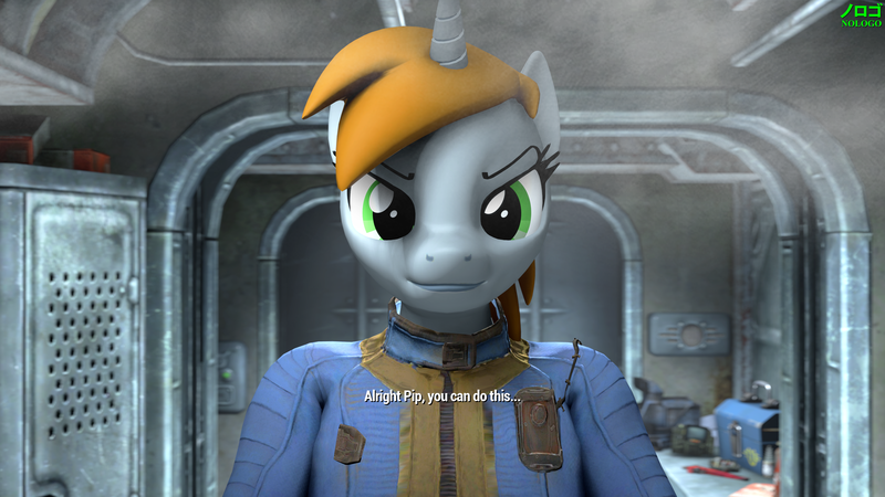 Size: 3840x2160 | Tagged: safe, artist:nologo, derpibooru import, part of a set, oc, oc:littlepip, unofficial characters only, anthro, art pack:fun n games 2022, fallout equestria, series:modded character creation, 3d, anthro oc, clothes, dialogue, doorway, fallout, high res, image, jumpsuit, lockers, looking at you, png, source filmmaker, stable-tec, steam, subtitles, toolbox, vault suit, video game