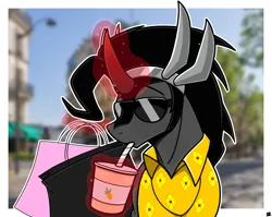 Size: 2826x2248 | Tagged: safe, artist:sefastpone, derpibooru import, king sombra, pony, unicorn, bag, clothes, digital art, drinking, drinking straw, hawaiian shirt, image, magic, male, png, real life background, shirt, shopping bag, smoothie, stallion, straw in mouth, sunglasses, telekinesis