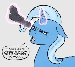 Size: 900x810 | Tagged: safe, artist:a0iisa, trixie, pony, unicorn, /mlp/, 4chan, colored, confused, female, flat colors, floppy ears, glock, glock 17, glowing horn, gray background, gun, handgun, horn, image, jpeg, levitation, looking at something, magic, magic aura, mare, open mouth, pistol, pointing gun, simple background, solo, squint, squinted eyes, t:em/p/o, talking, telekinesis, text, this will end in death, this will not end well, too dumb to live, weapon