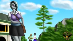Size: 7680x4320 | Tagged: safe, artist:tsaritsaluna, derpibooru import, marble pie, abyssinian, anthro, earth pony, bag, breasts, busty marble pie, clothes, female, image, mountain, png, shoulder bag, skirt, tree, vest