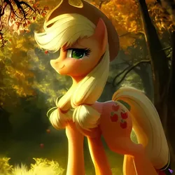 Size: 1024x1024 | Tagged: safe, derpibooru import, machine learning generated, purplesmart.ai, stable diffusion, applejack, earth pony, pony, applejack's hat, autumn, cowboy hat, crepuscular rays, female, forest, forest background, grass, hat, image, leaves, looking at you, mare, nature, png, smiling, smiling at you, solo, tree