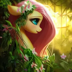 Size: 1024x1024 | Tagged: safe, derpibooru import, machine learning generated, purplesmart.ai, stable diffusion, fluttershy, pegasus, pony, backlighting, female, floral head wreath, flower, flower in hair, image, mare, nature, open mouth, png, side view, solo