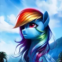 Size: 1024x1024 | Tagged: safe, derpibooru import, machine learning generated, purplesmart.ai, stable diffusion, rainbow dash, pegasus, pony, female, image, looking up, mare, mountain, palm tree, png, solo, tree, wind, windswept mane