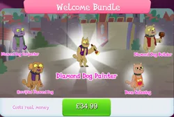 Size: 1271x860 | Tagged: safe, derpibooru import, idw, official, unnamed character, diamond dog, apron, blue tongue, bone, brown fur, choker, clothes, collar, collection, costs real money, dog collar, english, gameloft, green eyes, group, hammer, horrified, idw showified, image, jpeg, male, number, paint, paintbrush, pocket, pouch, saw, shock, shocked, shocked expression, text, vest, yellow eyes