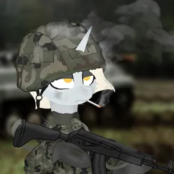 Size: 3500x3500 | Tagged: safe, artist:kotwitz, derpibooru import, oc, oc:aria taitava, unofficial characters only, pony, unicorn, assault rifle, blurry background, bored, camouflage, cigarette, close-up, clothes, derpibooru exclusive, dirty, frown, gloves, gun, helmet, holding, image, lidded eyes, military, military uniform, png, polish, rifle, smoke, smoking, solo, tired, uniform, weapon